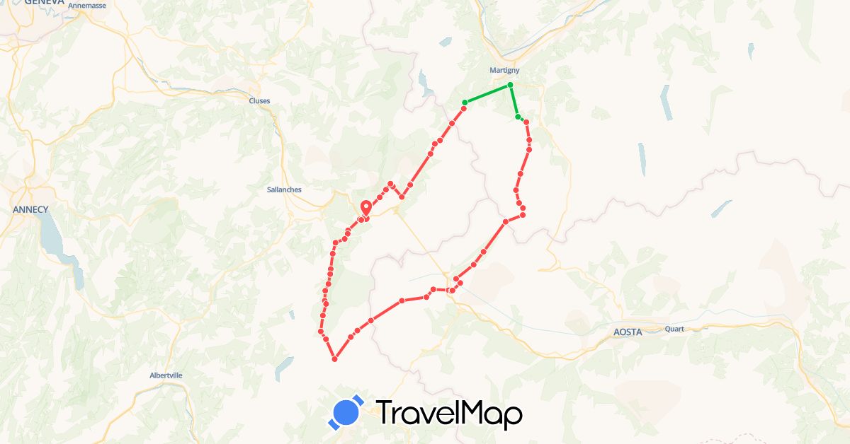 TravelMap itinerary: driving, bus, hiking in Switzerland, France, Italy (Europe)